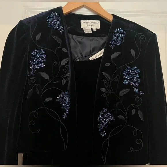 Vintage Adrianna Papell Occasions Gown & Bolero Matching Set Navy Velour 10P - Picture 4 of 9